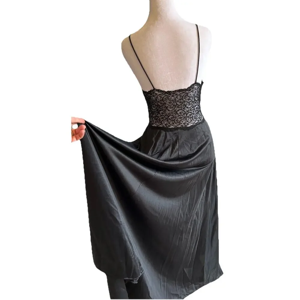 VTG 70s Nightgown Black Lace Bodice Long Maxi Glam Whimsygoth Romantic Flowy USA